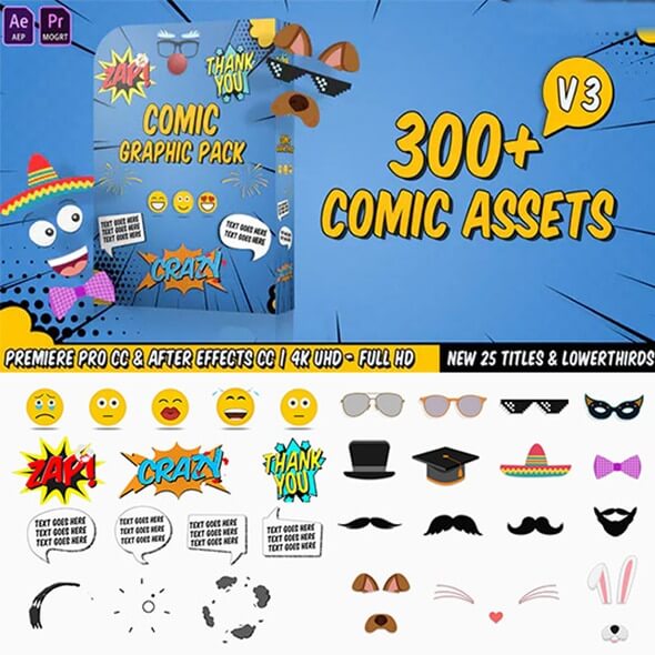 卡通漫画字幕对话框表情装饰贴动画元素AE模板+PR基本图形预设-伊丞小站（YLIMHS.COM）