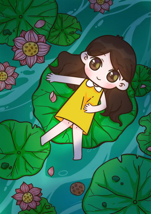 手绘插画教程：绘制荷塘夜景