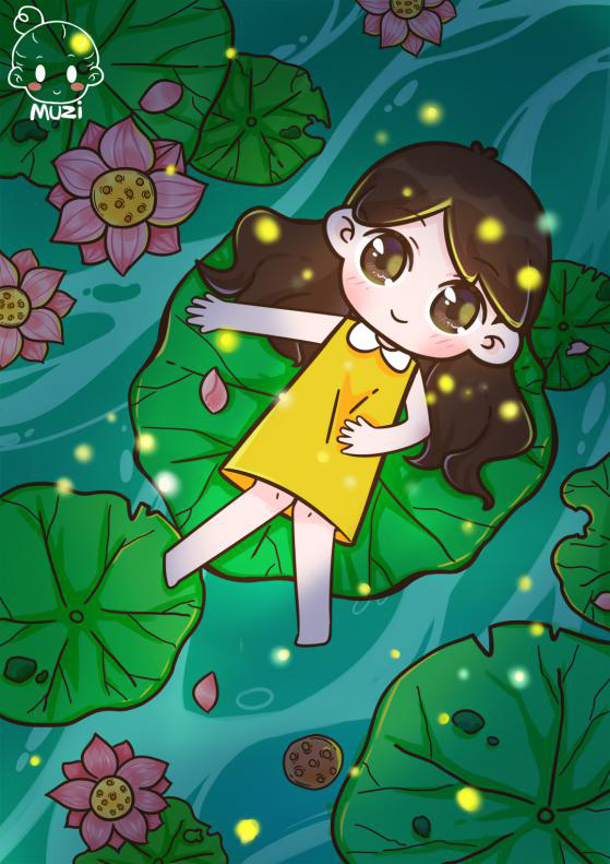 手绘插画教程：绘制荷塘夜景